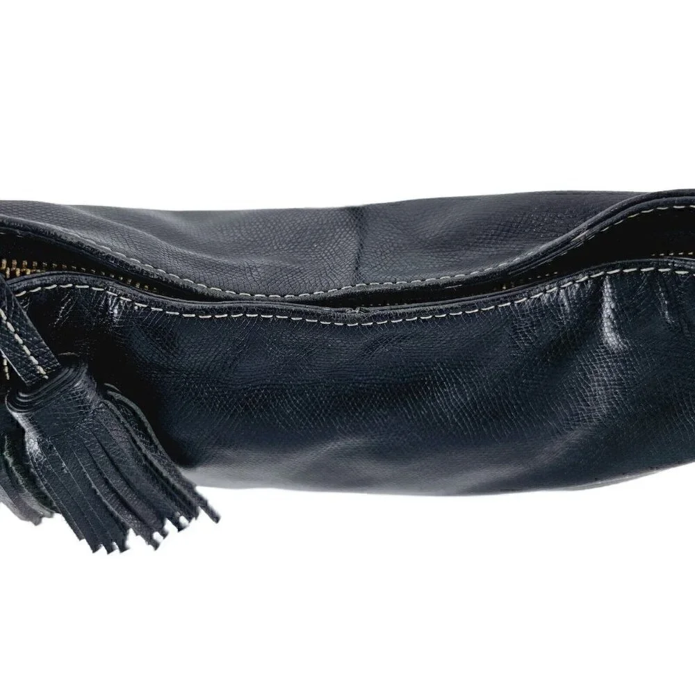 TALBOTS Black Glazed Textured Leather Hobo Shoulder Bag Silver Hardware Tassel